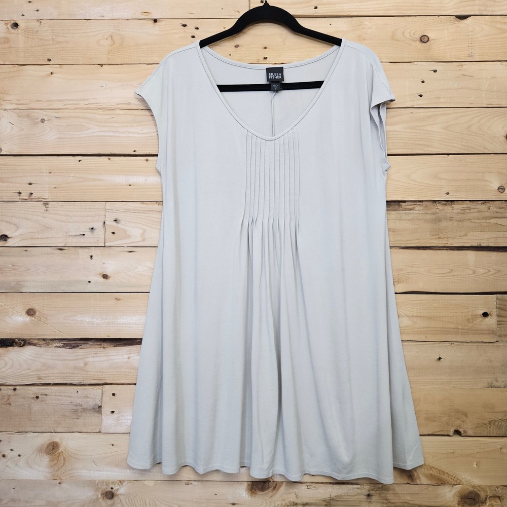 Eileen Fisher Gray 100% Silk Pintuck V-Neck‎ Tunic Top Size L Sleeveless